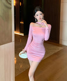 Lady's coco ミニドレス キャバドレス セクシー デザイン オフショルダー ウエストマーク ドレープ タイトスカート ペンシルライン  デート LW2-ZED888881DXH348B