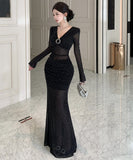 Lady's coco ロングドレス キャバドレス セクシー ストーン 深Vネック シースルー タイト マーメイドワンピース LW2-OYF8722