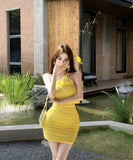 ミニドレスキャバドレスワンーショルダーセクシーイエロードレスチュールセクシー宴会パーティーナイトクラブ WQ2-MXX728