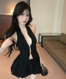 【2点セット】ミニドレス キャバドレス セクシー ホルターネック クロップドトップス 花びらスカート セットアップ  体型カバー LW2-SB6556