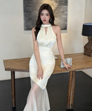 ロングドレスホルターネックマーメイドドレスセクシーエレガント韓国っぽ気質同伴サテンドレス WQ2-ZED889846GT347