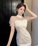 ミニドレスチュールセクシーパフスリーブレースエレガント大人可愛い気質キャバクラ WQ2-DD4842