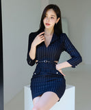 ミニドレス セクシー 韓国風 オフィスワンピ スリムフィット ウエスト見せ ストライプ タイト 出勤 お出かけ JC2-DD5678-1