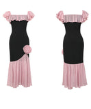 手作りドレスロングドレスオフショルダーチュールフリルフラワーセクシー高級感マーメイドドレス宴会パーティー二次会着痩せ気質 WQ2-JY51303