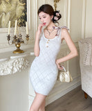 ミニドレス キャバドレス セクシー 気品 ツイード風 ニット リボンタイ タイトライン 夜会 デート JC2-MLS8424