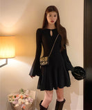 【2色】 ミニドレス キャバドレス セクシー ヘプバーン ニットワンピース トランペットスリーブ フレアスカート Aライン お出かけ デートLW2-OYF64044