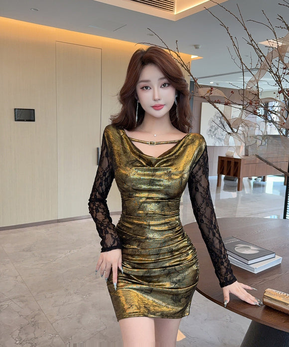 【3色】ミニドレス キャバドレス セクシー スパンコール  タイトワンピース Vネック レース切り替え メタリック風 ストレッチ素材  着痩せ LW2-DD5838