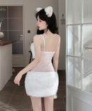 【2色】 ミニドレス キャバドレス セクシー キャミソールワンピース 透けメッシュ×フェザー切り替え タイトセクシー ドレス Vネック LW2-DD6013