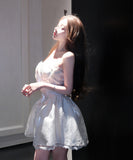 ミニドレス キャバドレス セクシー エレガント ビスチェ風 フレンチ風 パフスカート ウエストマーク 高見え レース×パール装飾 パーティー JC2-DD5746