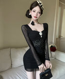 【2色】ミニドレス キャバドレス セクシー ボディコン メッシュ ロングスリーブ ミニ丈 夜会 デート ナイトクラブ JC2-DD5514