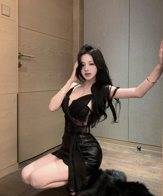 【2点セット】ミニドレス キャバドレス セクシー ギャル系 キャミレーストップス×レザーミニスカート JC2-XKDD335A-3140-Sep21