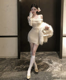 【2色】ミニドレス キャバドレス セクシー フレンチエレガント オフショルダー レース切替 ニット スリムフィット 秋冬 デート お出かけ JC2-XKDD426-7932-Sep21