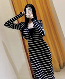 Lady's coco ロングドレス キャバドレス セクシー 秋冬新作 ニットワンピース クルーネック 長袖 ストライプ柄 タイトシルエット ミディ丈 LW2-DD6032