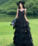 ロングドレス フレンチフェミニン エレガント レース切替 Vネック キャミワンピ ウエストシェイプ ティアードフレア 上品 大人可愛い デート お出かけ 結婚式 JC2-CD3-141-5510900