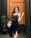 ミニドレス キャバドレス セクシー スパンコール切り替え キャミワンピ  タイトシルエット 胸元魅せ クラブ 指名 パーティー 二次会に映える1着 JC2-DD5597