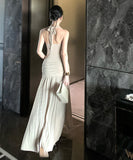 ロングドレス キャバドレス セクシー 名媛風 ホルターネック レース切り替え ドレープネック バックレス リボンタイ タイトシルエット キラキラ パーティー JC2-CD3-245-90660680