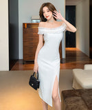 膝丈ドレス キャバドレス ワンショルダー 気質 エレガント 着痩せ おしゃれ YH2-DD6461