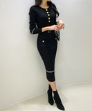 【2色】Lady's coco ロングドレス キャバドレス セクシー クルーネック 長袖 バイカラー ニットワンピース ポケット付き ウエストリボン LW2-DD6031