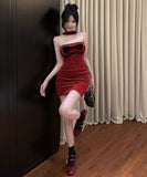 Lady's coco ミニドレス キャバドレス セクシー ベロア チューブトップ キャミワンピース ホルターネック リボン付き タイト LW2-OYF2661