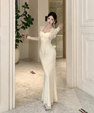 Lady's coco ロングドレス キャバドレス セクシー レース切り替え リボン付き フェイクツーピース タイトマーメイドワンピース ウエストシェイプ パーティー 二次会 披露宴 デート LW2-OYF5693