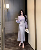 ロングドレス高級感袖付きマーメイドドレス着痩せ気質宴会パーティーセレブ風ハイウエストセクシーパープル WQ2-XKD-D337B-3437-May2