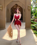 ビキニ水着体型カバーフラワーシワ着痩せ気質ホルターネックセクシーウエストカードハイウエストビーチ海 WQ7-GM-adn005