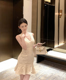 ミニドレスレースフリルVネック小顔効果気質谷間見せエレガント高級感大人可愛い韓国っぽ WQ2-XKD-D529-6812-Apr8