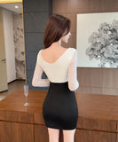 【3色】ミニドレス キャバドレス セクシー オフショルダー メッシュ タイトワンピース Vネック 長袖 伸縮性あり  LW2-DD5832