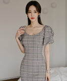 ミニドレス キャバドレス かわいい チェック 着痩せ おしゃれ パフ袖 YH2-ZED882568BH506