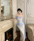 ロングドレスチュールオフショルダーセクシーエレガントフラワーパーティー演奏会宴会セクシーレース WQ2-ZED888626DXH238A