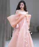 ロングドレス キャバドレス パーティードレス ピンク 羽根付き 蝶結び エレガント パーティー 誕生日 結婚式 披露宴 LW2-ZX219
