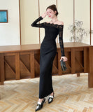 Lady's coco ロングドレス キャバドレス セクシー　オフショルダー レース切り替え セクシー スリムフィット エレガントドレス 結婚式 二次会 披露宴 パーティー 上品 LW2-DD5922