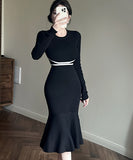 膝丈ドレス キャバドレス セクシー フェミニン ニットワンピース ラウンドネック ウエストマーク マーメイドライン 大人可愛い  デート LW2-ZED885053GT510D