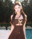 【2色】 ロングドレス キャバドレス セクシー チューブトップワンピース リボンデザイン カットアウト ウエストマーク 大人可愛い  LW2-XHY918382