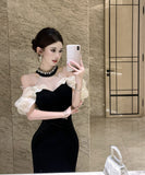 【2色】 ロングドレス キャバドレス セクシー ベロア マーメイドドレス ビジュー 仕上げ ウエストシェイプ シルエット 二次会 パーティー 披露宴 上品 LW2-OYF8731