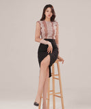 【2点セット】膝丈ドレスチュール水玉柄レース非対称セクシーエレガント気質同伴二次会宴会パーティー WQ2-ZED887252A71