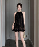 手作りドレスミニドレスチュールレースキラキラノースリーブセクシーセレブ風着痩せ気質宴会パーティー WQ2-JY91689