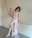 ミニドレスキャバドレス非対称チュールベアトップセクシーナイトドレス気質パーティー WQ2-DD4880