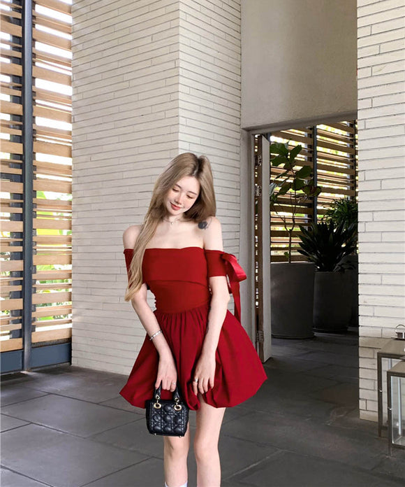 2色ミニドレスAラインオフショルダーリボン着痩せ気質体型カ韓国っぽ誕生日ドレスエレガント同伴 WQ2-XKD-D337B-3609-May28