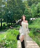 ロングドレス キャバドレス フレンチ風 アシンメトリー ワンショルダー 長袖 タイトワンピース ミディ丈 シルエット LW2-CD3-141-5750790