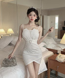 【2色】キャミワンピース ミニドレス キャバドレス セクシー ミニ丈 Vネック ウエストマーク タイトシルエット ボディコン パーティー LW2-DD5944