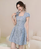 ミニドレス レトロ気質 スクエアネック ハンドメイド服 ウエストマーク Aライン フォーマルワンピース 結婚式 二次会 デート 高見え 上品 大人可愛い JC2-JY95008