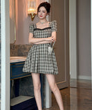 ミニドレス レトロ 大人可愛い フレンチガーリー スクエアネック チェック柄  写真映え スリム デート パーティー JC2-JY61255