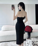 膝丈ドレスキャバドレスベアトップフラワーセクシーエレガント気質ナイトクラブキャバクラ谷間見せ WQ2-DD4819