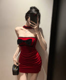 Lady's coco ミニドレス キャバドレス セクシー ベロア チューブトップ キャミワンピース ホルターネック リボン付き タイト LW2-OYF2661