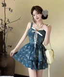 ミニドレス キャバドレス petiteサイズ ギャル系 デニム ステラップドレス アニマル柄 タイアップ ウェスト絞り JC2-ZED885346BH453