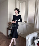 膝丈ドレス キャバドレス セクシー フェミニン ニットワンピース ラウンドネック ウエストマーク マーメイドライン 大人可愛い  デート LW2-ZED885053GT510D