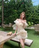 ミニドレスキャバドレスフリル個性感Vネック谷間見せエレガント大人可愛いセクシーフラワー WQ2-XKD-HS-109-8159-Apr11