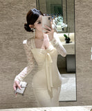 Lady's coco ロングドレス キャバドレス セクシー レース切り替え リボン付き フェイクツーピース タイトマーメイドワンピース ウエストシェイプ パーティー 二次会 披露宴 デート LW2-OYF5693