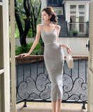 【2色】ロングドレス エレガント セクシー タイトドレス シャネル風 パールビジュー スパンコール ニット スリット入り デート 結婚式 二次会 JC2-MLS8406